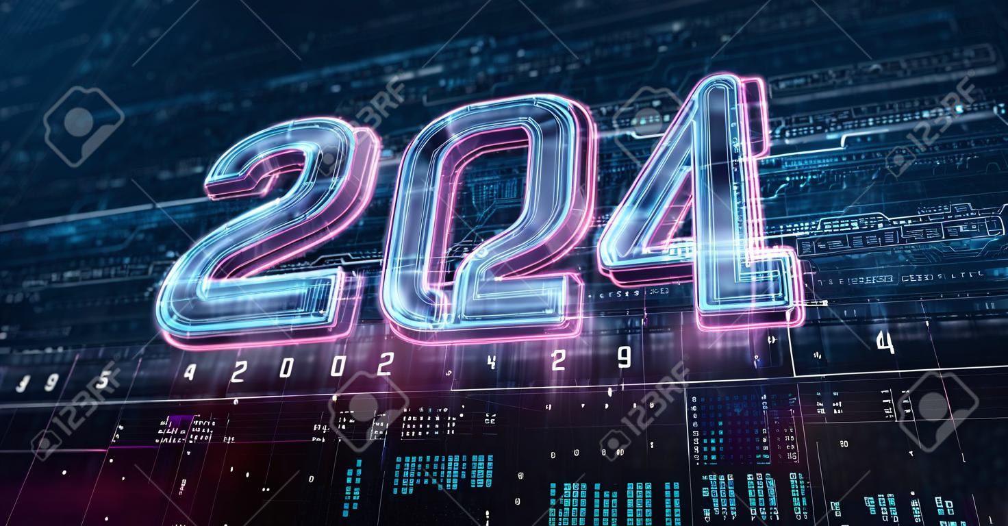 2024 anni nuovo concetto di design digitale futuristico astratto 3d illustrazione stile cyberspazio
