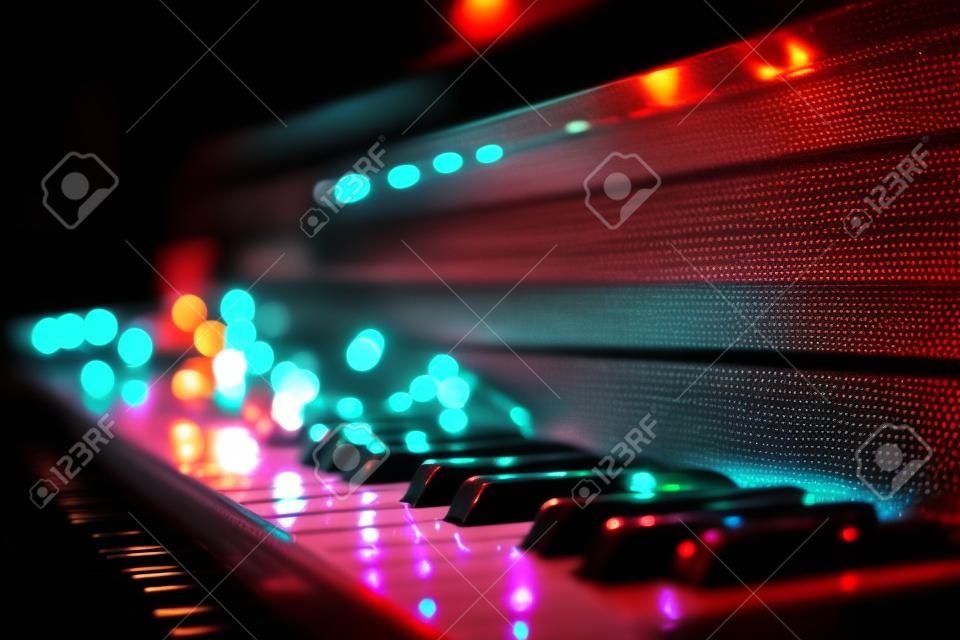 Piano keyboard with christmas light in the evening