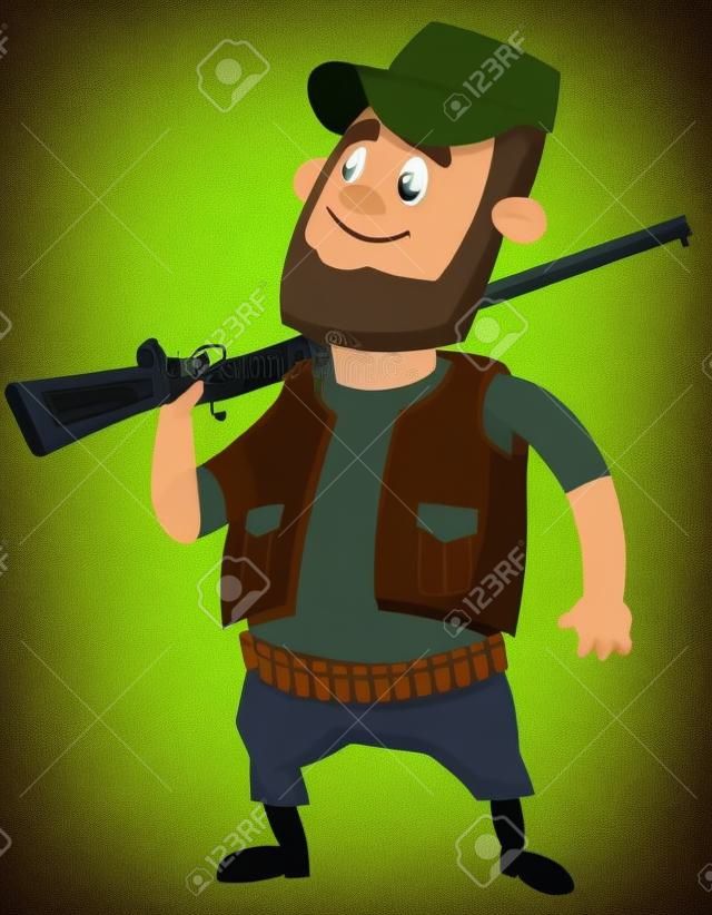 Hunter holding rifle on his shoulder. Male character in cartoon style.
