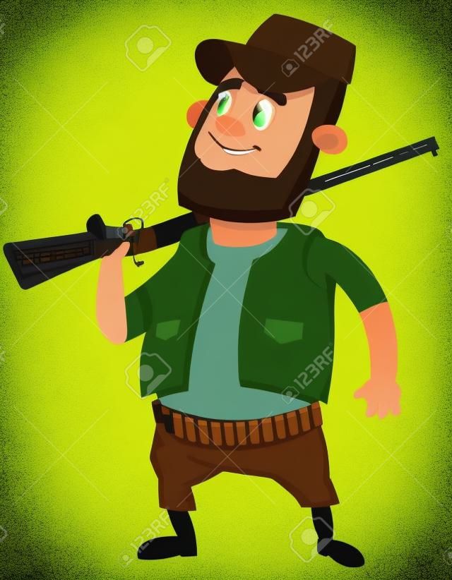 Hunter holding rifle on his shoulder. Male character in cartoon style.