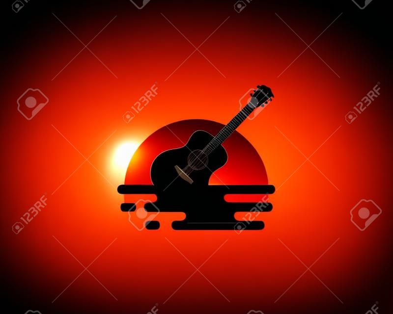 Silhouette de guitare dans le logo de paysage de coucher du soleil
