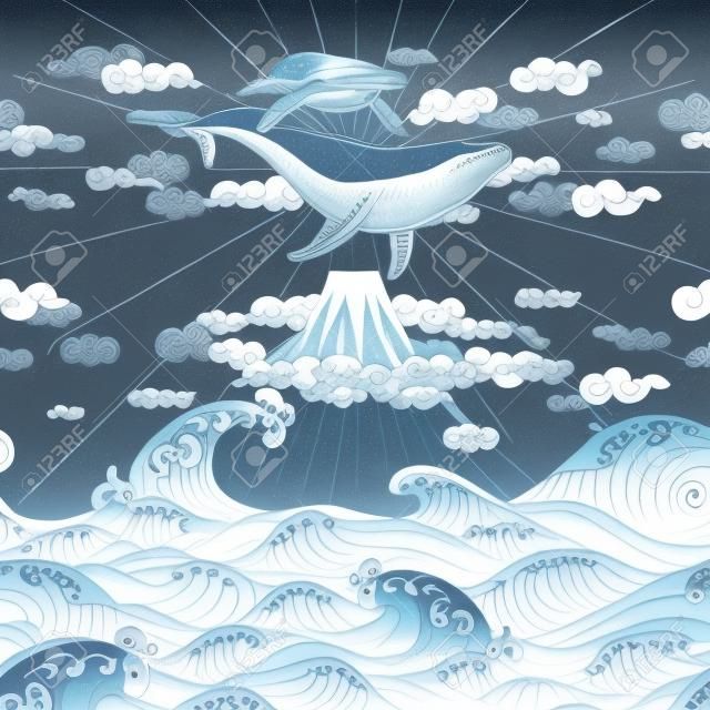Main imaginaire dessiné doodle seamless style japonais, la baleine flottant dans le ciel au-dessus des montagnes à l'océan