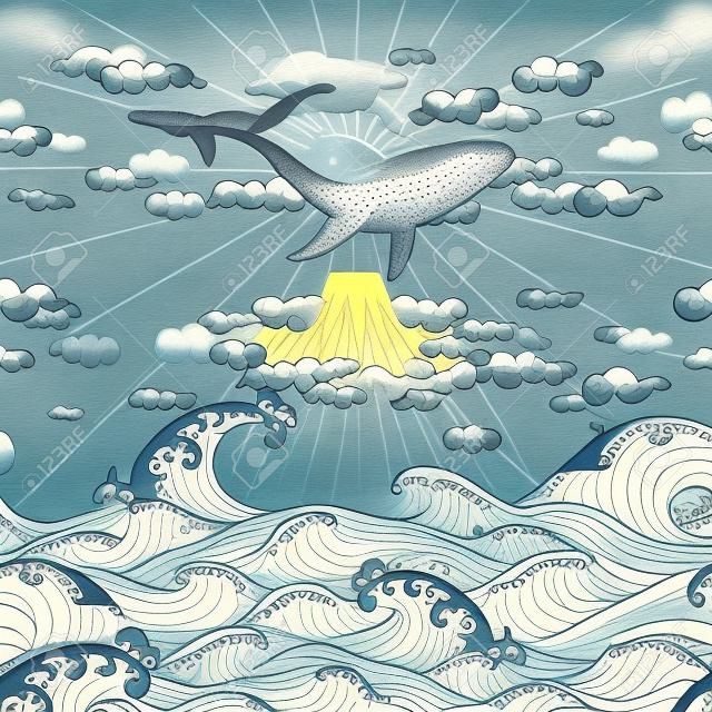 Hand gezeichnet Fantasie nahtlose doodle japanischen Stil, Wal floating in den Himmel über den Bergen bis zum Meer