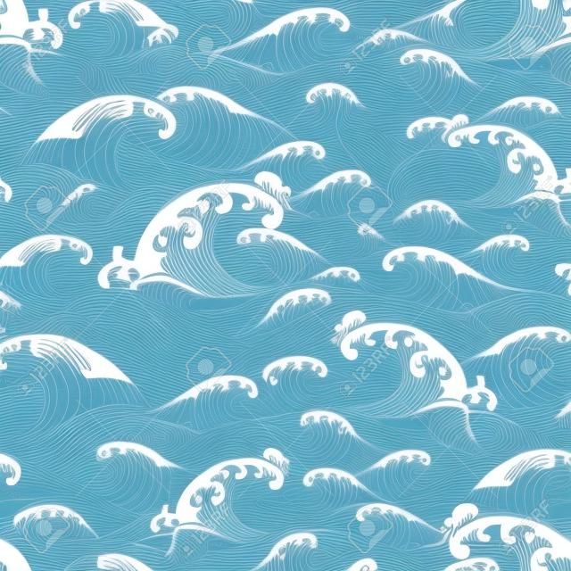 Whale swimming in the ocean waves, pattern seamless background hand drawn Asian style
