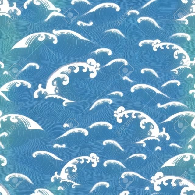 Whale swimming in the ocean waves, pattern seamless background hand drawn Asian style