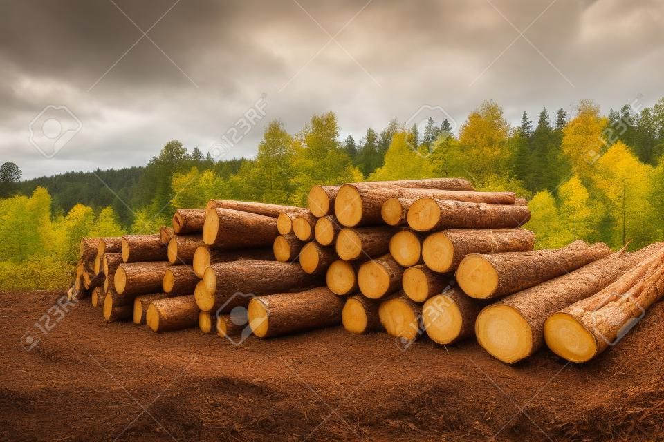 Colpo grandangolare di una scorta di tronchi freschi nei boschi autunnali con un terreno di fango in primo piano; un enorme mucchio di legname grezzo con una foresta autunnale mista sullo sfondo, segheria rustica