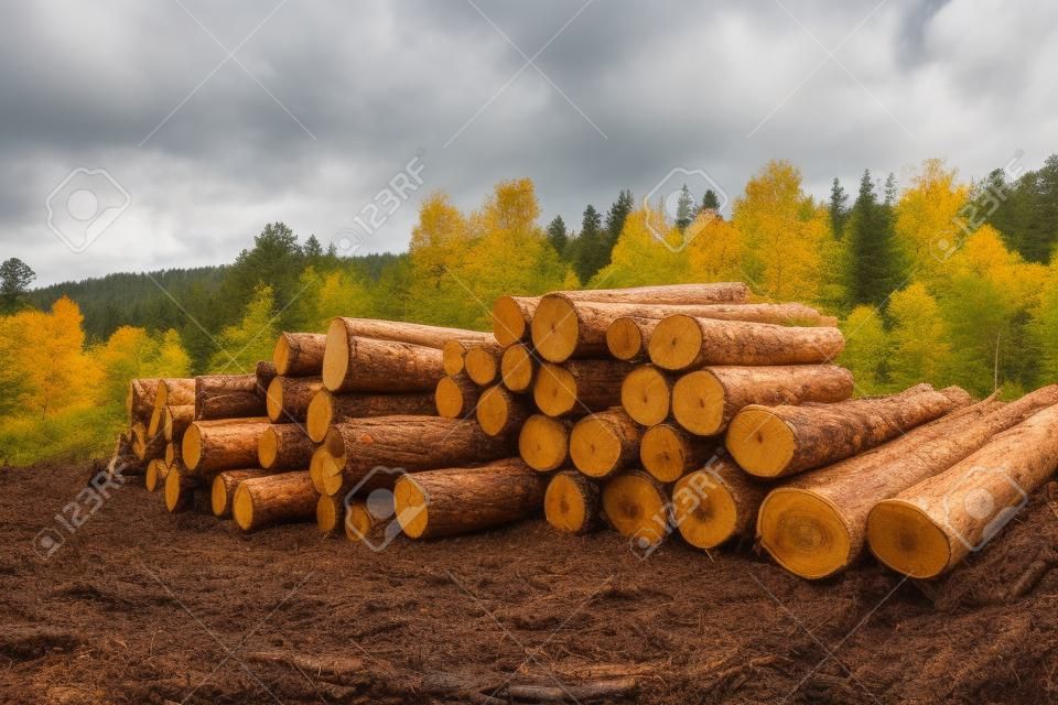 Prise de vue grand angle d'un stock de bûches fraîches dans les bois d'automne avec un sol de boue au premier plan ; un énorme tas de bois brut avec une forêt d'automne mixte en arrière-plan, une scierie rustique
