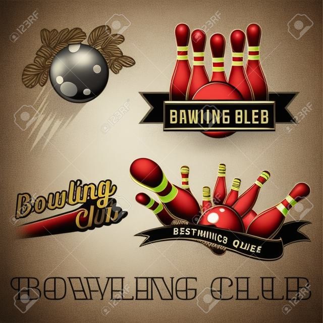Vecteur de logo club Bowling situé dans un style vintage. Éléments de design, étiquettes, insignes et emblèmes. Strike, balles, épingles à neuf.