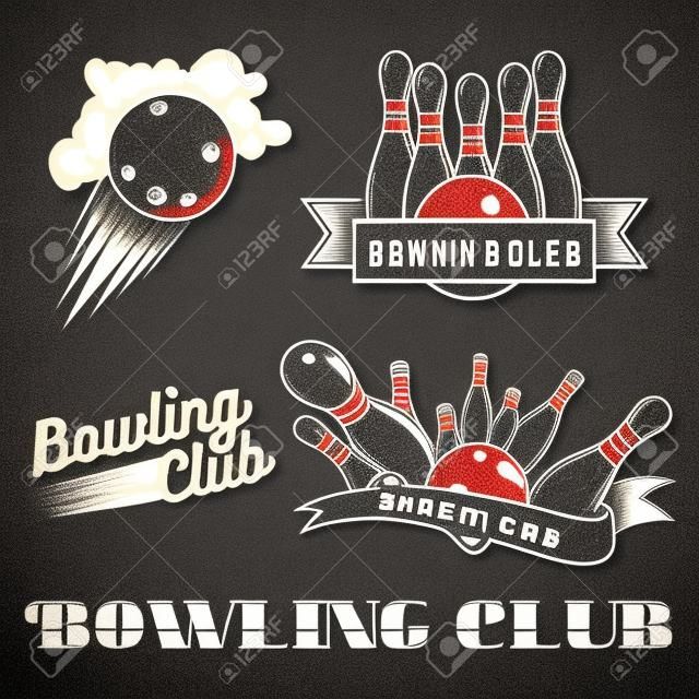 Bowling Club Logo Vektor im Vintage-Stil festgelegt. Design-Elemente, Etiketten, Abzeichen und Embleme. Streik, Bälle, Ninepins.