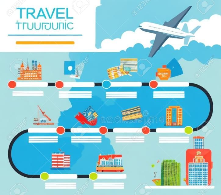 計劃你的旅行信息圖表指南。度假預訂的概念。矢量插畫的平板式的設計。酒店和機票預訂，簽證，地標圖標。