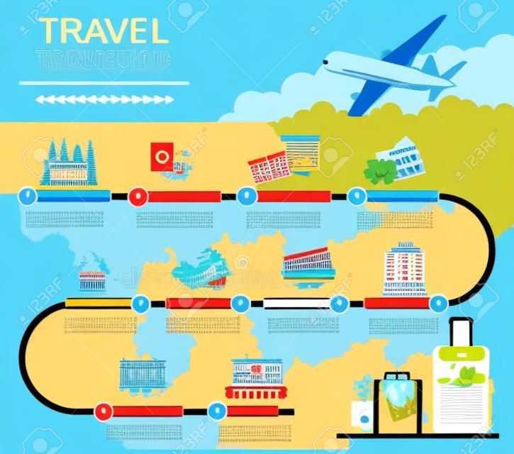 计划您的旅行度假预订信息图表指导概念插画矢量在平面风格设计的酒店和机票预订签证的地标图标