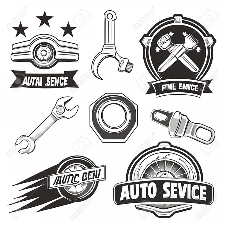 Vector Reihe von Auto-Service-Etiketten im Vintage-Stil. Auto-Werkstatt-Banner. Mechaniker-Service-Tools auf weißem Hintergrund. Design-Elemente, Embleme, Abzeichen, Logo und Symbole.