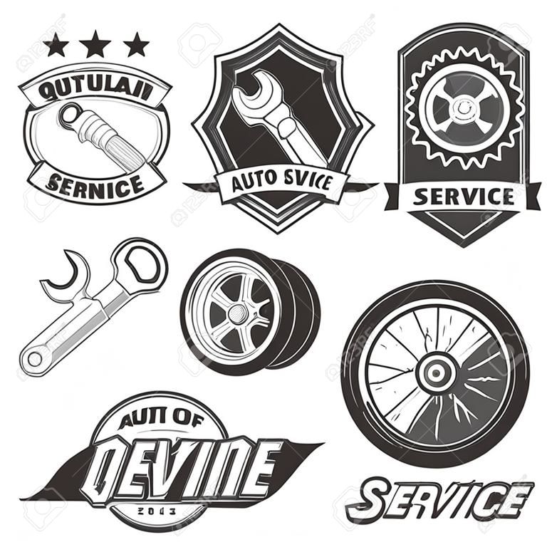 Vector set van auto service labels in vintage stijl. Auto reparatie winkel banners. Mechanische service tools geïsoleerd op witte achtergrond. Ontwerp elementen, emblemen, badges, logo en pictogrammen.