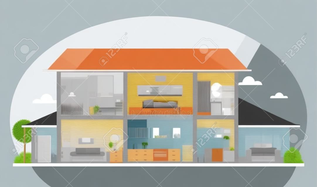 Home interior with room furniture vector illustration. Detailed modern house interior in flat style.