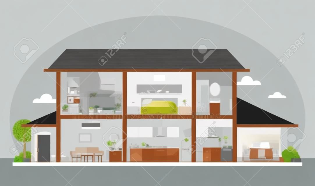 Huis interieur met kamermeubilair vector illustratie. Gedetailleerd modern huis interieur in platte stijl.