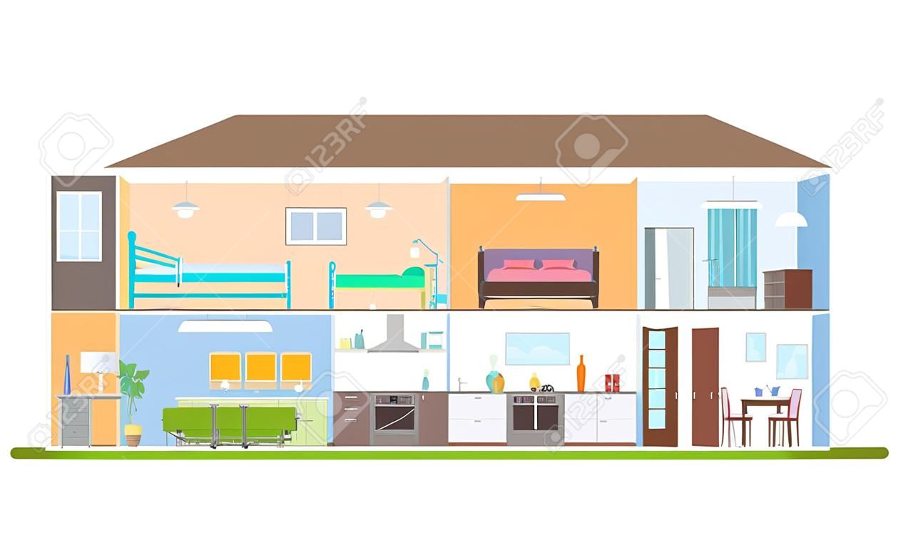 家庭室內與家具矢量插圖。詳細現代的房子室內在平板方式。
