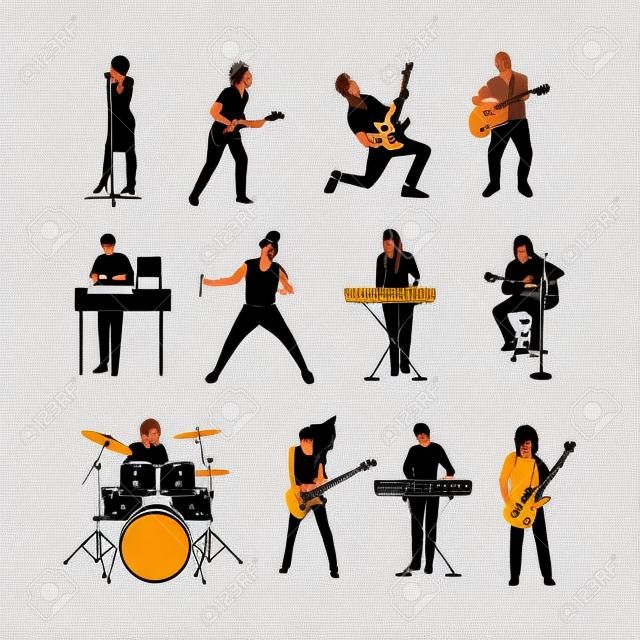 Wektorowy zestaw muzyków rockowych i śpiewaków muzyka zespół rockowy elementy projektu i ikony izolowane na białym tle postacie ludzi