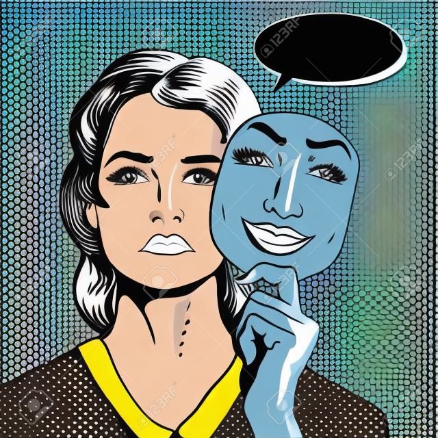 Mujer con la cara triste mantiene infeliz máscara con una sonrisa falsa. Ilustración del vector en estilo retro del arte pop cómico.
