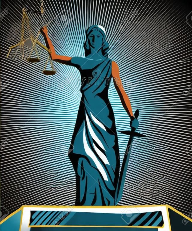 Estatua del dios de la justicia Themis. Femida con el equilibrio y la espada. Ilustración del vector en estilo del arte pop retro cómico. La ley y el concepto jurídico.