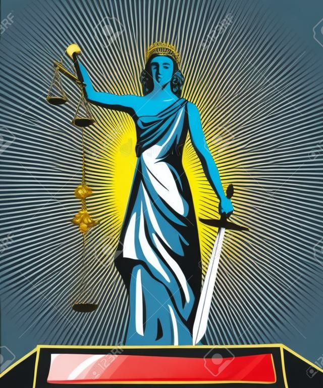 Posąg boga sprawiedliwości Temidy. Femida z wagą i mieczem. Ilustracja wektora w pop-artu komiks stylu retro. Prawo i pojęcie prawne.