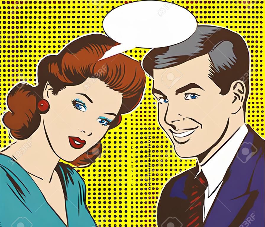 Vector illustration in pop art style. Woman and man talk to each other. Retro comic. Gossip and rumors talks.