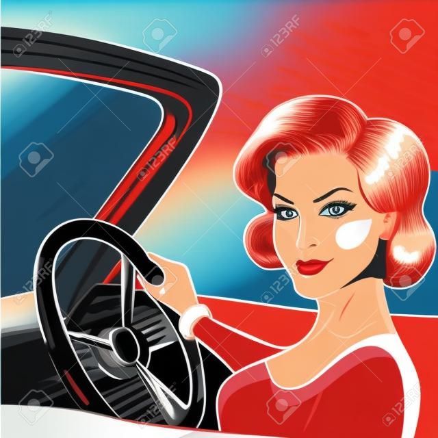 Ilustracja wektorowa sztuki pop kobiety jazdy czerwonym kabrioletem
