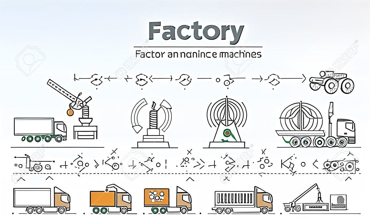 Ilustracja fabrycznych ciężarówek i elementów maszyn