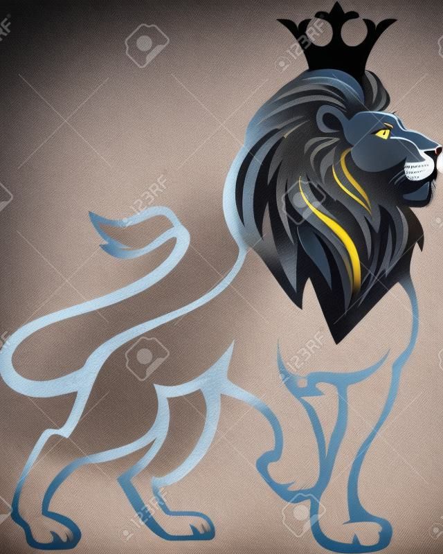 Fekete-fehér oroszlán teljes növekedés egy koronával a fején