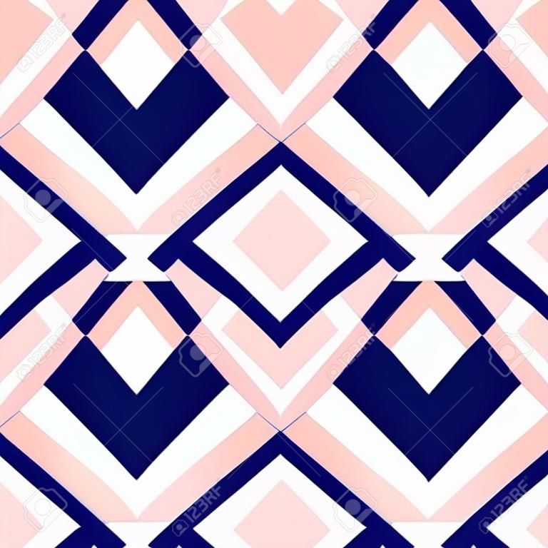 Diamond shapes pattern. Abstract geometry in navy blue and blush pink. Seamless vector pattern. Millennial pink background. Fashion fabric pattern design.