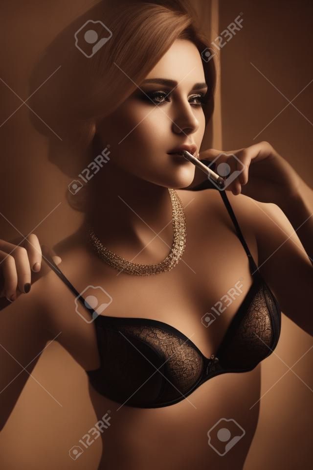 fashion photo of gorgeous woman with long hair in lingerie, smoking ciragette, posing in interior