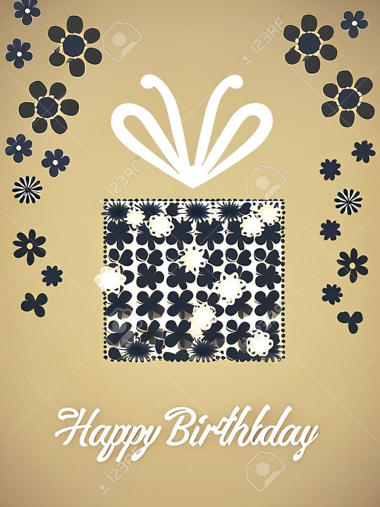 Caixa de presente com padrão floral. Cartão de aniversário. Fundo preto da celebração com caixa de presente e flores pequenas. Ilustração vetorial.
