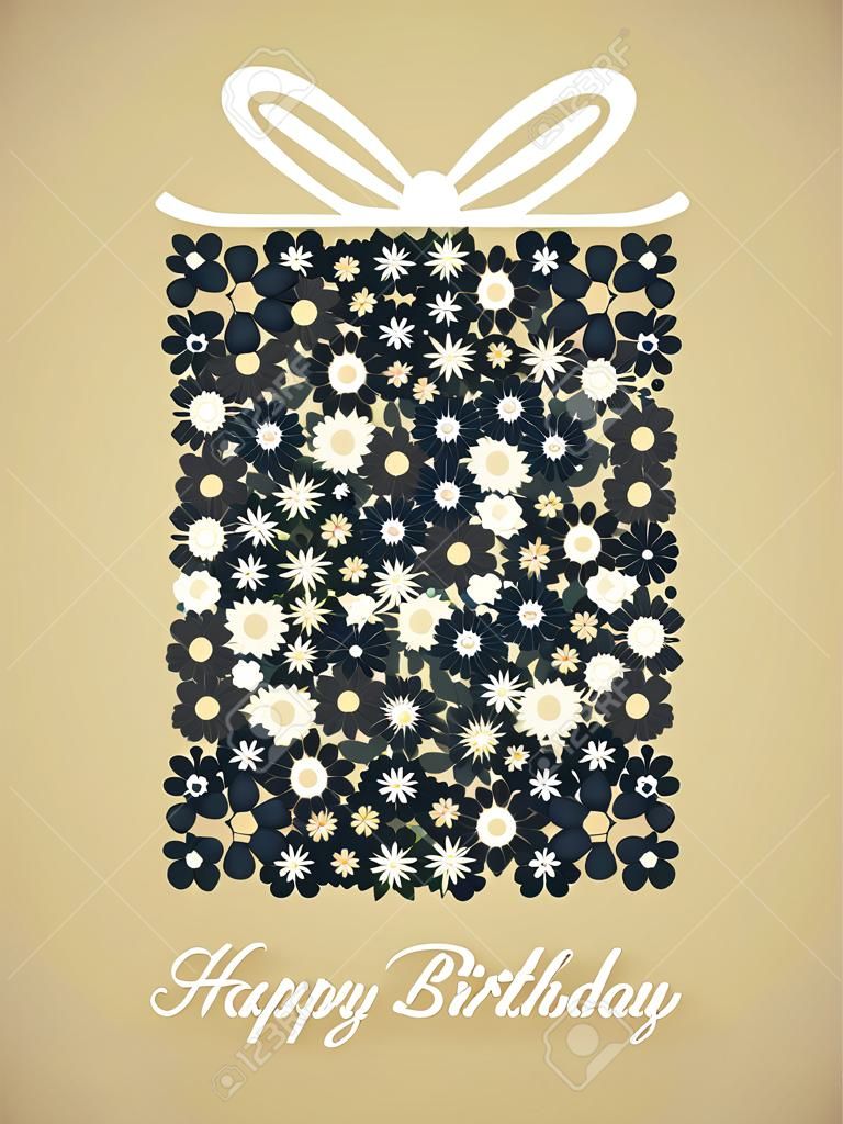 Gift box with floral pattern. Birthday Card. Celebration black background with gift box and small flowers. Vector illustration.