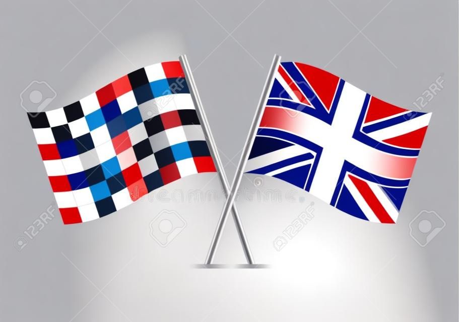 Kariert (Rennen) und Großbritannien gekreuzte Flaggen, isoliert auf weißem Hintergrund. Vektor-Icon-Set. Vektor-Illustration.