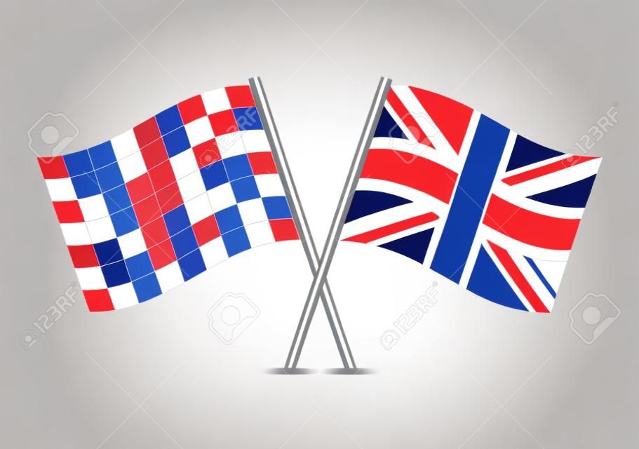Kariert (Rennen) und Großbritannien gekreuzte Flaggen, isoliert auf weißem Hintergrund. Vektor-Icon-Set. Vektor-Illustration.