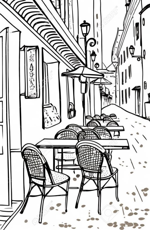 Café de rua na ilustração do esboço da cidade velha.