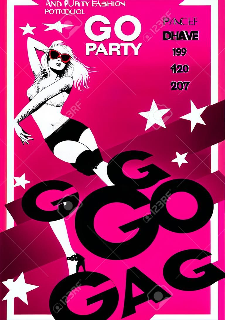 Go-go party design template with fashion girl and place for text.