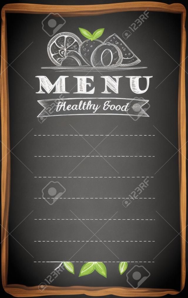 Chalk menu di cibo frutta sano, sfondo lavagna con posto per il testo.