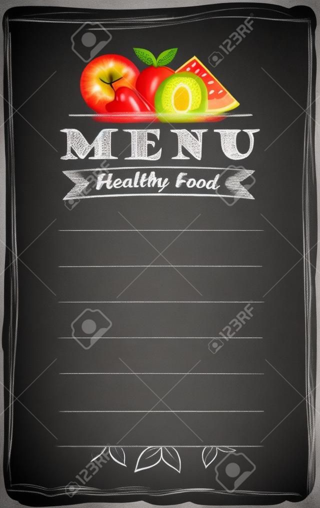 Chalk menu di cibo frutta sano, sfondo lavagna con posto per il testo.