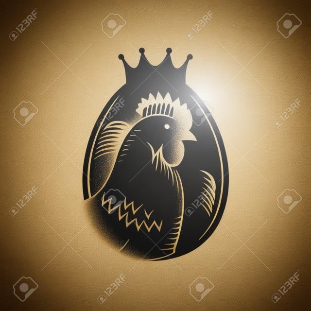 Hen silhouette contro logo uovo, simbolo reale della qualità del cibo.