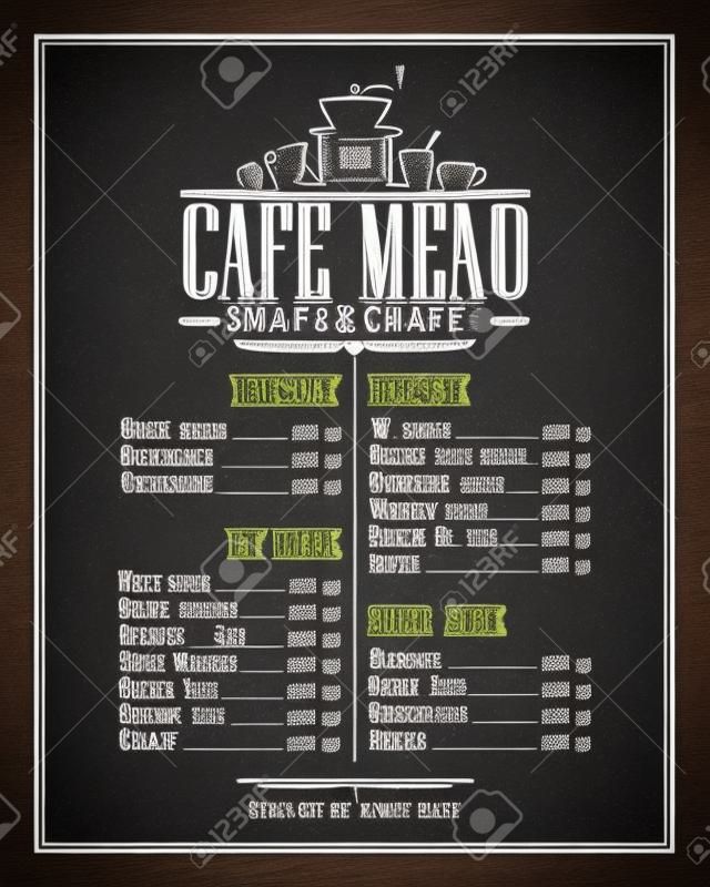 Chalkboard cafe menu list design with dishes name, retro style.