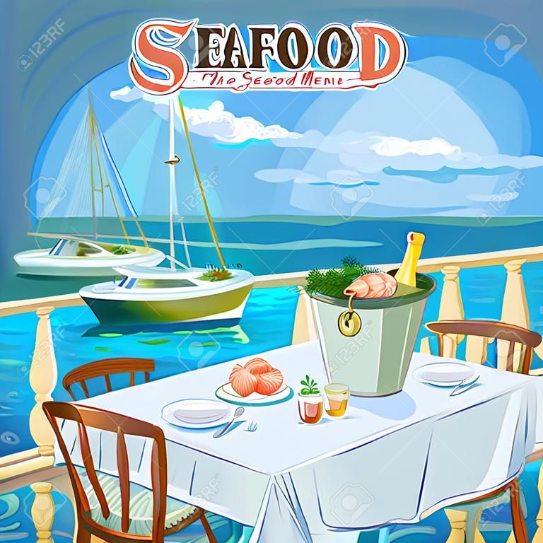 ilustración dibujados a mano menú de mariscos, mesa de restaurante servido para dos en la playa del mar, en contra de paisaje marino con yates