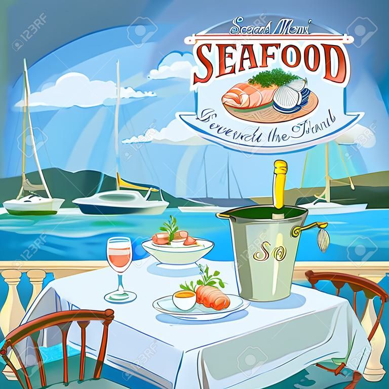 ilustración dibujados a mano menú de mariscos, mesa de restaurante servido para dos en la playa del mar, en contra de paisaje marino con yates