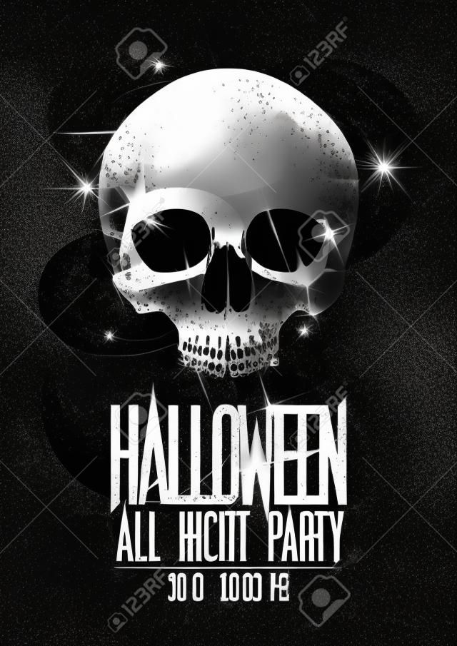 Cartaz de festa de halloween de moda com brilhos de prata crânio, título brilhante, espaço de cópia para texto