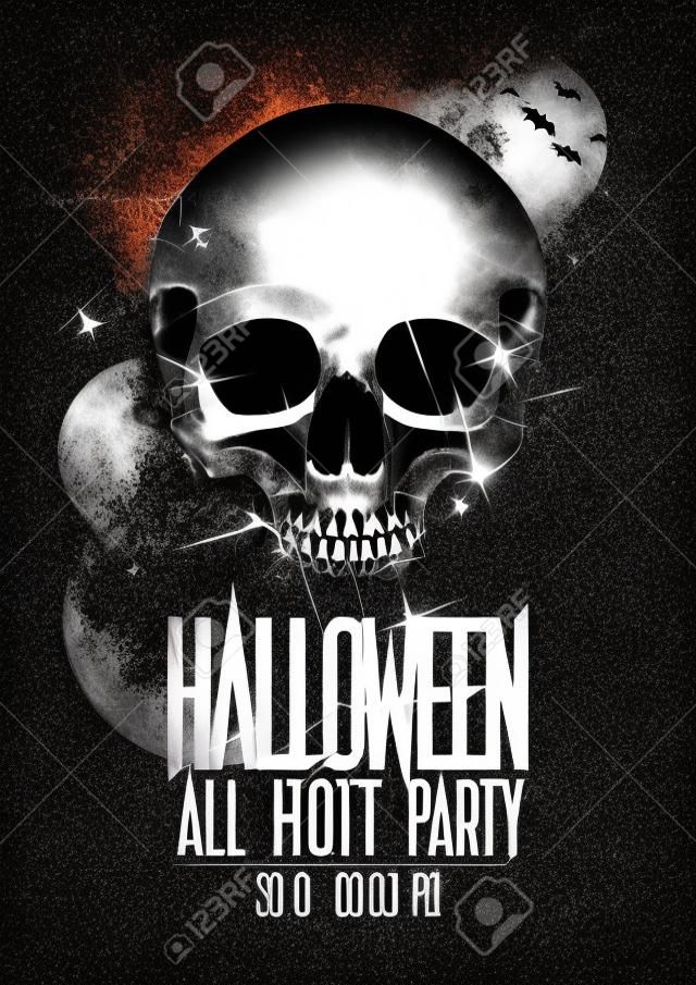 Mode-Halloween-Party-Plakat mit Silber funkelt Schädel, glänzende Schlagzeile, kopieren Sie Platz für Text