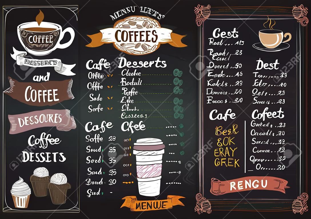 黒板コーヒーやデザート メニューは、カフェやレストランのデザインを一覧表示します。最高のコーヒー、おはようございます、ようこそ、概念コレクション、手描きイラスト、テキスト コピー スペースを取る