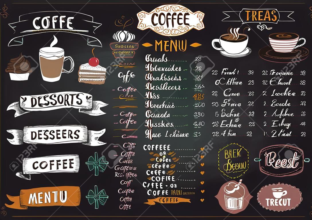 Krijtbord koffie en desserts menu lijst ontwerpen ingesteld voor café of restaurant. Beste koffie, goedemorgen, welkom, neem concepten collectie, kopieer ruimte voor tekst, hand getrokken illustratie