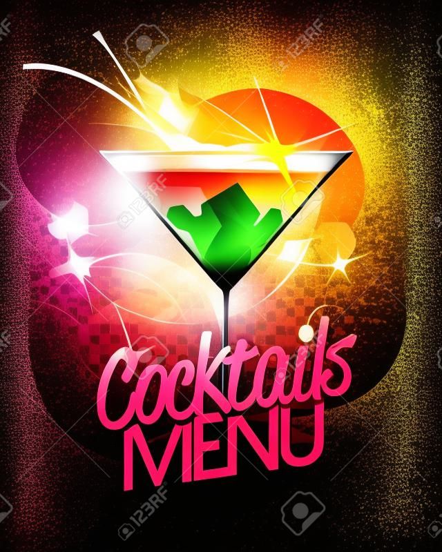 Cocktails menu avec cocktail brûlant et le disco scintille fond brillant