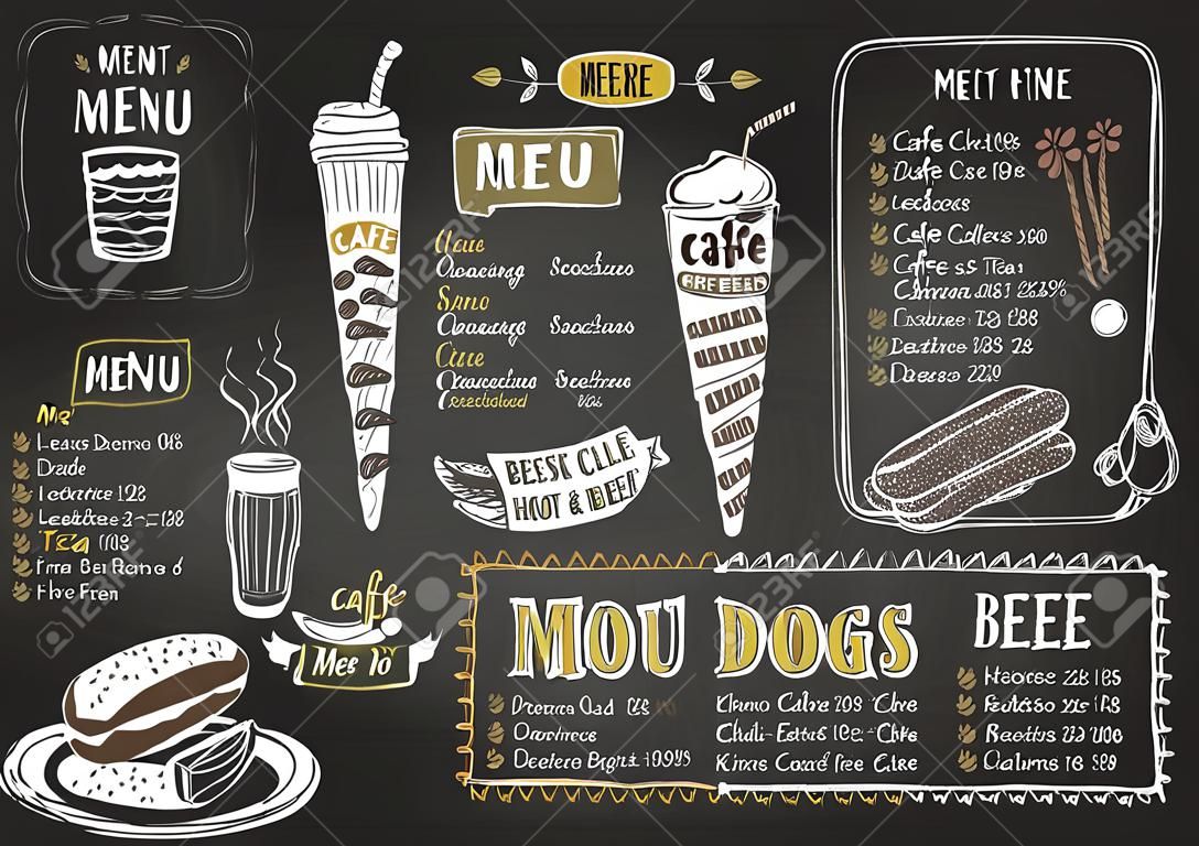 Il gesso sui disegni di un menu della lavagna ha messo per il caffè o il ristorante. Menu di dessert, menu di pesce, tè, menu caffè, hot dog, birreria, illustrazione grafica disegnata a mano.