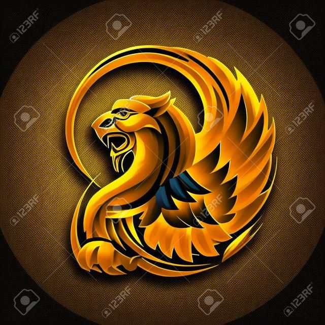 Golden heraldic Griffin vector illustration on a black background