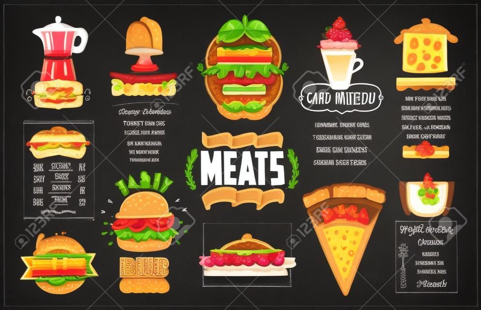 Chalk menu board design for cafe or restaurant, breakfast and lunch, fast food and pizza, meats menu, burgers, appetizers, fruit platter, desserts, drinks and kids menu